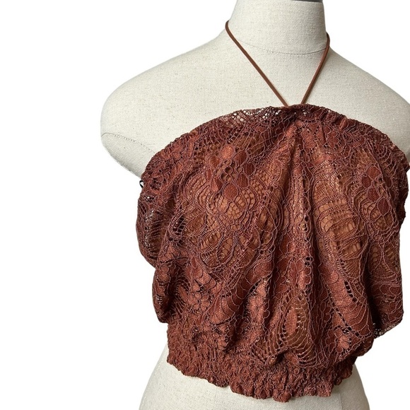 H&M Rust Brown Boho Festival Lace Sleeveless Halter Crop Top Tube Top Size 8 - Picture 3 of 10